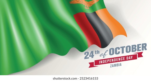 Zambia independence day vector banner, greeting card. Zambian wavy flag in 24th of October national patriotic holiday horizontal design