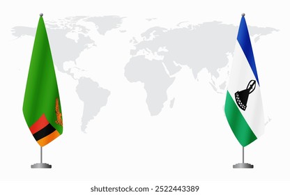 Bandeiras da Zâmbia e do Lesoto para reunião oficial contra o fundo do mapa do mundo.