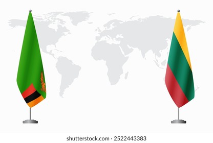 Bandeiras da Zâmbia e da Lituânia para reunião oficial contra fundo do mapa do mundo.