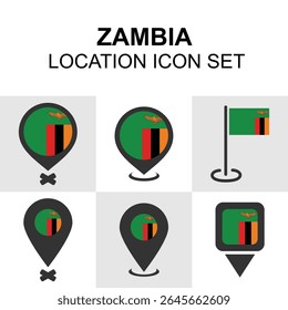 Conjunto de iconos de ubicación de Zambia con diseños de banderas y pines. Ideal para mapas africanos, herramientas de navegación e interfaz de usuario de viajes.