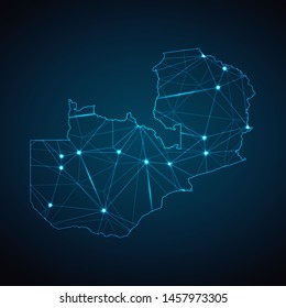 Zambia Map - Abstract geometric mesh polygonal network line, structure and point scales on dark background with lights in the form of cities. Vector illustration eps 10.