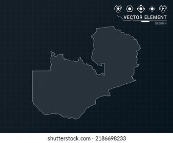 Zambia map of black digital frame HUD, GUI, UI interface technology radar vector.