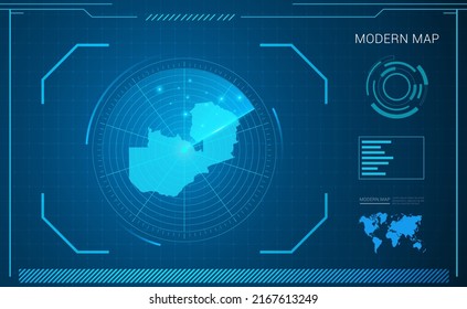 Zambia map of blue digital frame technology radar vector HUD, GUI, UI interface.