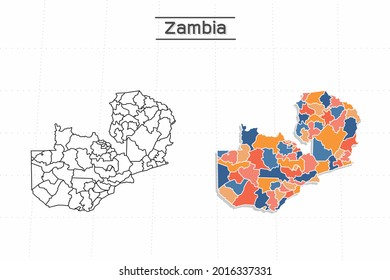 Zambia map city vector divided by colorful outline simplicity style. Have 2 versions, black thin line version and colorful version. Both map were on the white background.