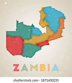 Zambia map. Country poster with colored regions. Old grunge texture. Vector illustration of Zambia with the country name.