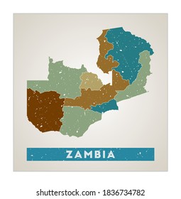 Zambia map. Country poster with regions. Old grunge texture. Shape of Zambia with country name. Superb vector illustration.