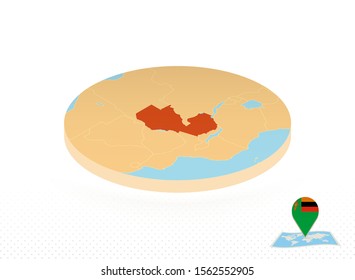 Zambia map designed in isometric style, orange circle map of Zambia for web, infographic and more.   