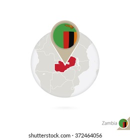 Zambia map and flag in circle. Map of Zambia, Zambia flag pin. Map of Zambia in the style of the globe. Vector Illustration.
