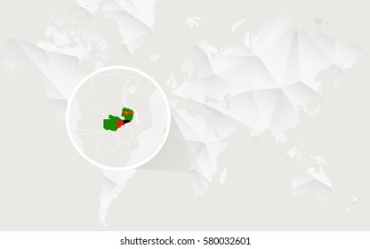 Zambia map with flag in contour on white polygonal World Map. Vector Illustration.