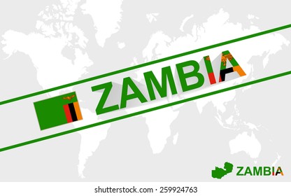 Zambia map flag and text illustration, on world map
