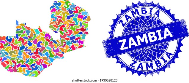 Zambia map flat illustration. Splash mosaic and distress stamp seal for Zambia map. Sharp rosette blue badge with text for Zambia map.