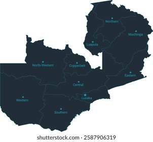 Zambia map high detailed with administrative divide by state, capital cities names, outline simplicity style. Vector illustration EPS10.