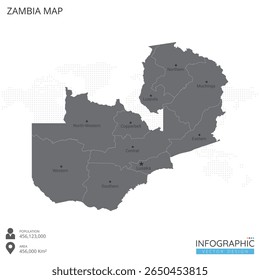 Mapa da Zâmbia altamente detalhado com regiões e cidades do país sobre fundo branco. Ilustração vetorial EPS10.