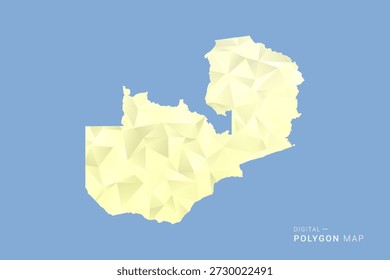 Zâmbia Mapa em estilo vetorial de polígono baixo, ilustração de forma geométrica com tons suaves amarelos no fundo azul, silhueta limpa para infográfico.