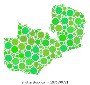 Zambia Map mosaic of random filled circles in variable sizes and fresh green color tones. Vector round dots are combined into zambia map collage. Fresh geographic map vector illustration.