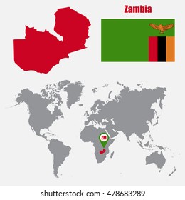 Zambia map on a world map with flag and map pointer. Vector illustration