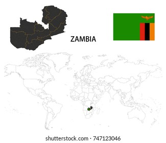 Zambia map on a world map with flag on white background.