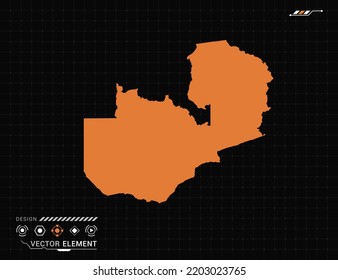 Zambia map of orange digital frame HUD, GUI, UI interface technology radar vector.