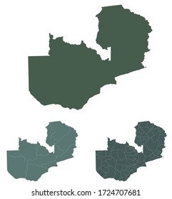 Zambia map outline vector with administrative borders, regions, municipalities, departments in black white colors. Infographic design template map.