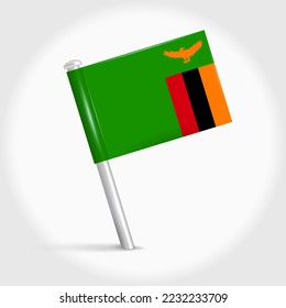 Zambia map pin flag icon. Zambian pennant map marker on a metal needle. 3D realistic vector illustration.
