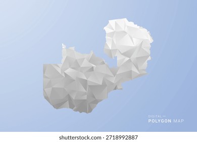 Karte von Sambia - Vektorgrafik im Polygonstil in Grau, Weiß und Blau, geometrisches Low-Poly-Design, minimale Silhouette, geeignet für Infografik und modernes Design.