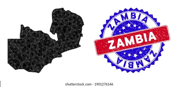 Zambia map polygonal mesh with filled triangles, and scratched bicolor stamp. Triangle mosaic Zambia map with mesh vector model, triangles have randomized sizes, and positions, and color tints.