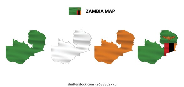 Zambia map in various style frames, icons, black color, borders, flag colors. Vector illustration