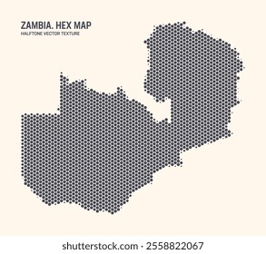 Zambia Map Vector Hexagonal Halftone Pattern Isolate On Light Background. Hex Texture in the Form of Map of Zambia. Modern Technologic Military Contour Map of Zambia for Design or Business Projects