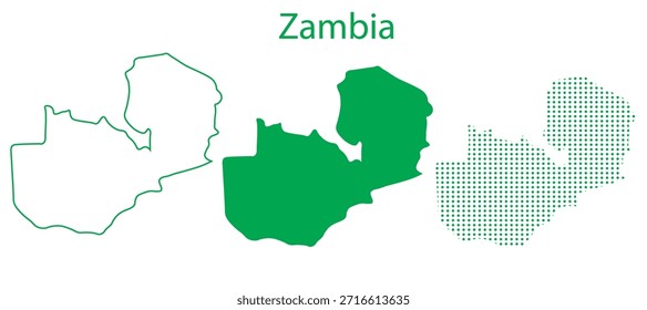 Zambia Map Vector Set, Southern Africa Outline Silhouette Dotted Green Shapes, Zambia Country Infographic Template, Editable EPS Zambia Geography