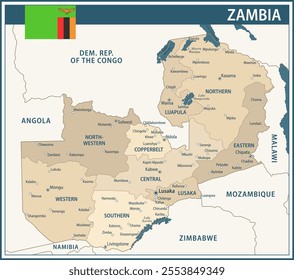 Zambia Map Vector Vintage Dark Blue Beige - Customizable layered political map of Zambia with administrative divisions for website, education, reports, news, politics, print, poster and wallpaper
