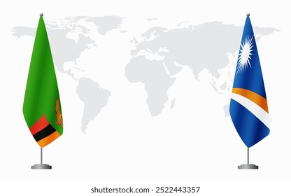 Bandeiras da Zâmbia e das Ilhas Marshall para o encontro oficial contra o fundo do mapa do mundo.