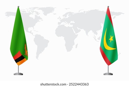 Bandeiras da Zâmbia e Mauritânia para reunião oficial contra fundo do mapa do mundo.