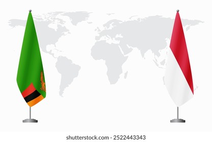 Zambia and Monaco flags for official meeting against background of world map.