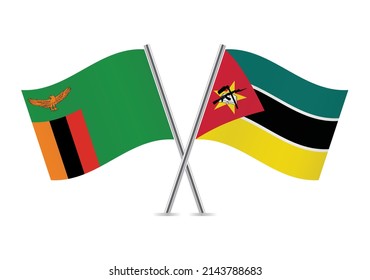 Zambia and Mozambique crossed flags. Zambian and Mozambican flags on white background. Vector icon set. Vector illustration.