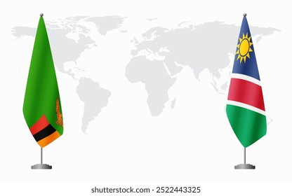 Zambia and Namibia flags for official meeting against background of world map.