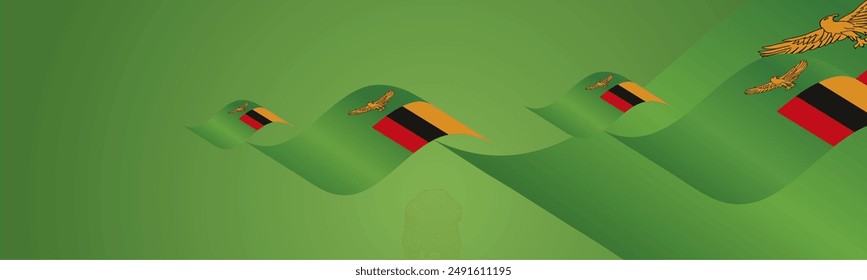 Zambia National Day waving flags two fold blue landscape background