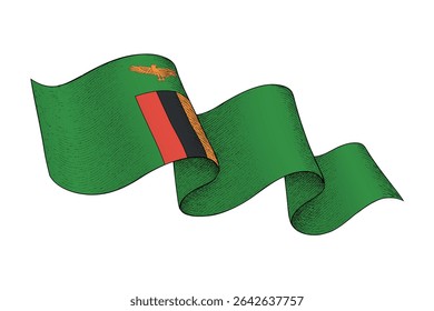 Zambia national flag waving ribbon shape with engraved vintage texture