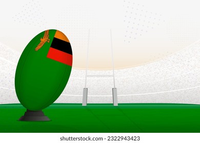 La selección nacional de Zambia, pelota de rugby en el estadio de rugby y en los puestos de gol, preparándose para un penal o patada libre. Ilustración vectorial.