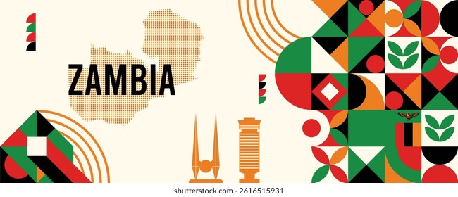 Zambia national vector banner featuring the flag, dotted map, landmarks, and geometric pattern design