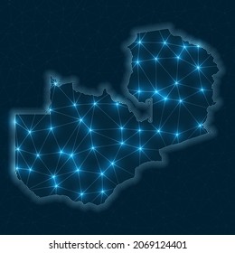 Zambia network map. Abstract geometric map of the country. Digital connections and telecommunication design. Glowing internet network. Astonishing vector illustration.