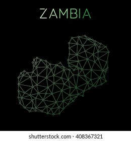 Zambia network map. Abstract polygonal Zambia network map design. Map of Zambia network connections. Vector illustration.