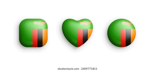 Zambia Official National Flag 3D Vector Glossy Icons In Rounded Square, Heart And Circle Form Isolated On White Back. Zambian Sign And Symbols Graphic Design Elements Volumetric Buttons Collection