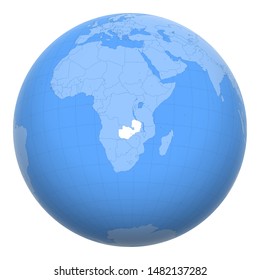 Zambia on the globe. Earth centered at the location of the Republic of Zambia. Map of Zambia. Includes layer with capital cities.