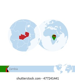 Zambia on world globe with flag and regional map of Zambia. Vector Illustration.