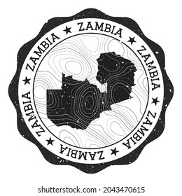 Zambia outdoor stamp. Round sticker with a map of the country featuring topographic isolines. Vector illustration. Can be used as an insignia, logotype, label, sticker, or badge of Zambia.