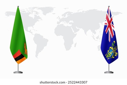 Bandeiras da Zâmbia e das Ilhas Pitcairn para reunião oficial contra o fundo do mapa do mundo.