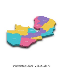 Zambia political map of administrative divisions - provinces. Colorful 3D vector map with dropped shadow and country name labels.