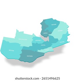 Zâmbia mapa político de divisões administrativas - províncias. Mapa de vetor turquesa 3D com rótulos de nome.