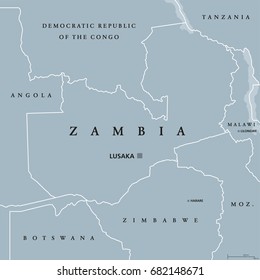 Zambia political map with capital Lusaka, international borders and neighbors. Republic and landlocked country in Southern Africa. Former Northern Rhodesia. Gray illustration. English labeling. Vector