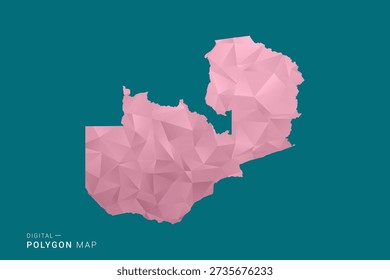 Polygonkarte von Sambia, Vektorgrafik im geometrischen Low-Poly-Stil, weiche Pastellfarben mit Rosa- und Teal-Grün-Tönen, saubere Silhouette auf einfarbigem Hintergrund, ideal für Infografiken.